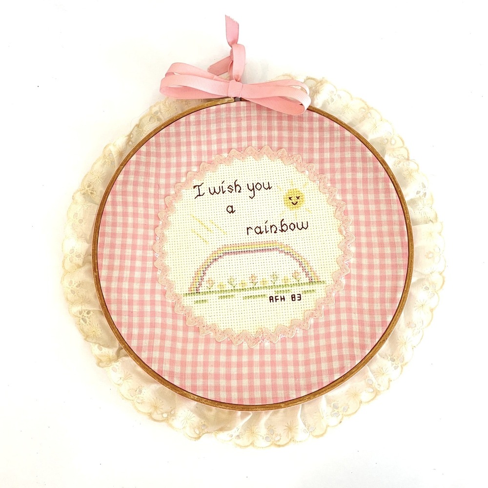 Vintage 80s Rainbow Cross Stitch Embroidery Hoop Wall Art Pink Baby Girl LGBTQ